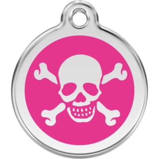 Red Dingo Skull & Cross Bones Hot Pink Tag - Lifetime Guarantee - Cat, Dog, Pet ID Tag Engraved