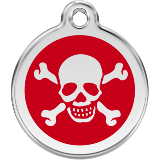 Red Dingo Skull & Cross Bones Red Tag - Lifetime Guarantee - Cat, Dog, Pet ID Tag Engraved