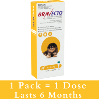 Bravecto SPOT ON for Extra small Dogs 2 - 4.5kg (Yellow XS) - 1 Pack (1 dose)