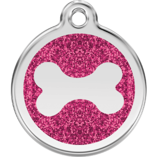 Red Dingo Glitter Bone Tag Hot Pink - Lifetime Guarantee - Cat, Dog, Pet ID Tag Engraved