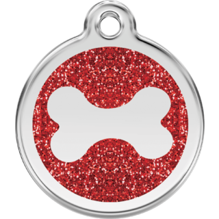 Red Dingo Glitter Bone Tag Red - Lifetime Guarantee - Cat, Dog, Pet ID Tag Engraved