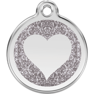 Red Dingo Glitter Silver Heart Tag - Large - Lifetime Guarantee - Cat, Dog, Pet ID Tag Engraved