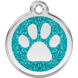 Red Dingo Glitter Paw Print Tag Aqua - Lifetime Guarantee - Cat, Dog, Pet ID Tag Engraved