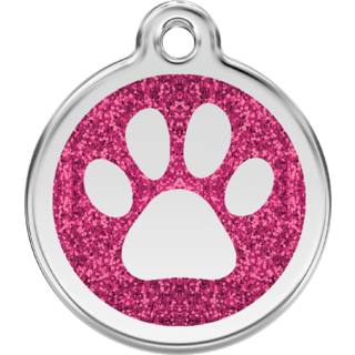 Red Dingo Glitter Paw Print Tag Hot Pink - Lifetime Guarantee - Cat, Dog, Pet ID Tag Engraved