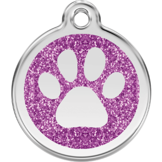 Red Dingo Glitter Paw Print Tag Purple - Lifetime Guarantee - Cat, Dog, Pet ID Tag Engraved