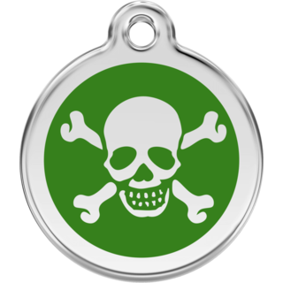 Red Dingo Skull & Cross Bones Green Tag - Lifetime Guarantee - Cat, Dog, Pet ID Tag Engraved
