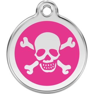 Red Dingo Skull & Cross Bones Hot Pink Tag - Lifetime Guarantee - Cat, Dog, Pet ID Tag Engraved