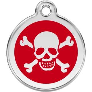 Red Dingo Skull & Cross Bones Red Tag - Lifetime Guarantee - Cat, Dog, Pet ID Tag Engraved