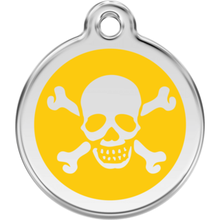 Red Dingo Skull & Cross Bones Yellow Tag - Lifetime Guarantee - Cat, Dog, Pet ID Tag Engraved