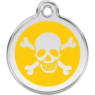 Red Dingo Skull & Cross Bones Yellow Tag - Lifetime Guarantee - Cat, Dog, Pet ID Tag Engraved