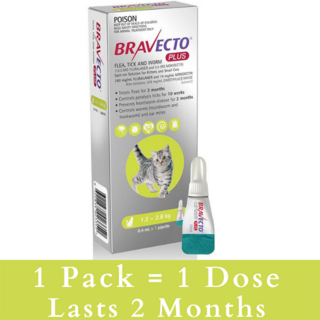 Bravecto PLUS For Small Cats 1.2 -2.8kg (Green) - 3 Pack (3 doses)
