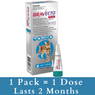 Bravecto PLUS For Medium Cats 2.8 - 6.25kg (Blue) - 3 Pack (3 doses)