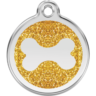 Red Dingo Glitter Bone Tag Gold - Lifetime Guarantee - Cat, Dog, Pet ID Tag Engraved
