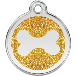 Red Dingo Glitter Bone Tag Gold [Size: Small]  - Lifetime Guarantee - Cat, Dog, Pet ID Tag Engraved