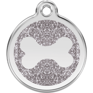 Red Dingo Glitter Bone Tag SIlver - Lifetime Guarantee - Cat, Dog, Pet ID Tag Engraved