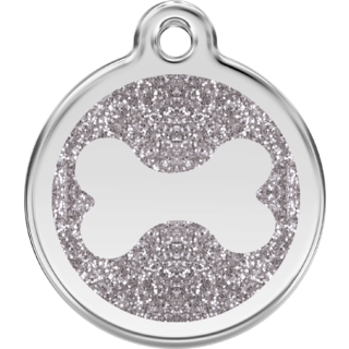 Red Dingo Glitter Bone Tag SIlver - Large - Lifetime Guarantee - Cat, Dog, Pet ID Tag Engraved