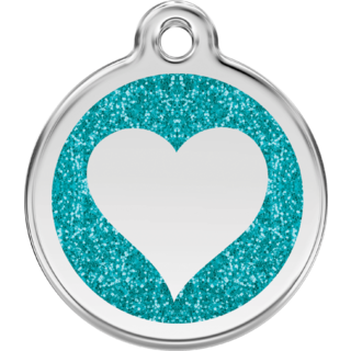 Red Dingo Glitter Aqua Heart Tag - Lifetime Guarantee - Cat, Dog, Pet ID Tag Engraved
