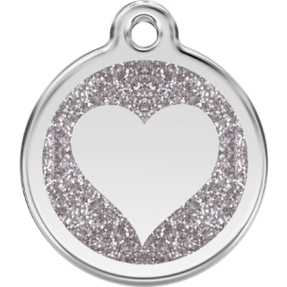 Red Dingo Glitter Silver Heart Tag  - Lifetime Guarantee - Cat, Dog, Pet ID Tag Engraved