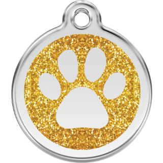 Red Dingo Glitter Paw Print Tag Gold - Lifetime Guarantee - Cat, Dog, Pet ID Tag Engraved