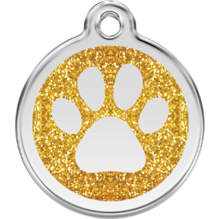 Red Dingo Glitter Paw Print Tag Gold [Size: Large]  - Lifetime Guarantee - Cat, Dog, Pet ID Tag Engraved