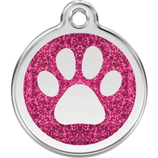 Red Dingo Glitter Paw Print Tag Hot Pink - Lifetime Guarantee - Cat, Dog, Pet ID Tag Engraved
