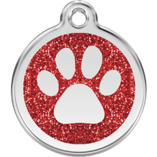 Red Dingo Glitter Paw Print Tag Red [Size: Large]  - Lifetime Guarantee - Cat, Dog, Pet ID Tag Engraved