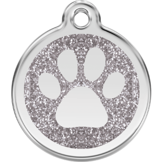 Red Dingo Glitter Paw Print Tag Silver [Size: Large]  - Lifetime Guarantee - Cat, Dog, Pet ID Tag Engraved
