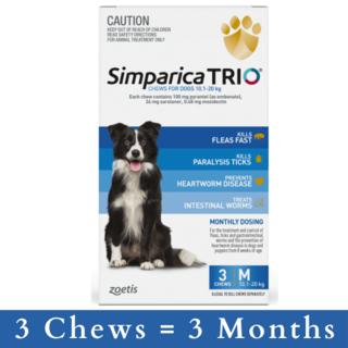 Simparica TRIO Chews for Medium Dogs 10.1-20kg (BLUE-MED) [Size: 12 Pack]
