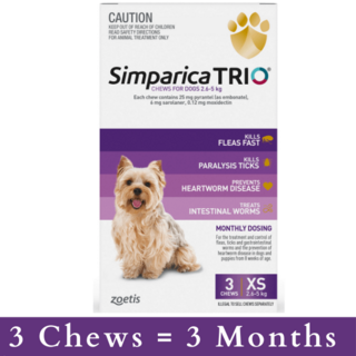 Simparica TRIO Chews for Extra Small Dogs 2.6-5kg (PURPLE-XS) [ 6 Pack]